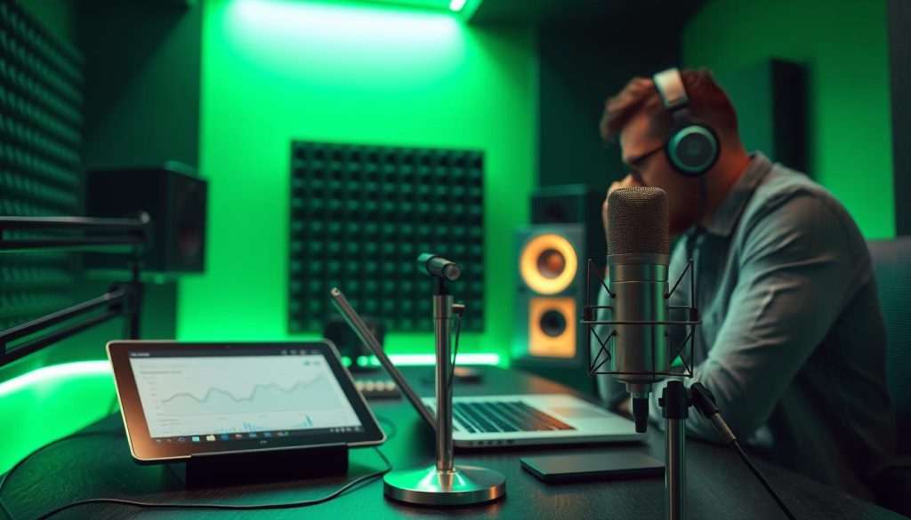 A modern, sleek podcast recording studio set against a backdrop of glowing green hues. In the foreground, a high-tech microphone stands poised, its metallic sheen reflecting the soft lighting. On the desk, a tablet and laptop display analytics and lead conversion data, while a professional podcaster leans in, deep in thought. The middle ground features sound-dampening panels and state-of-the-art audio equipment, conveying a sense of technological sophistication. The background bathes the scene in a futuristic, emerald-tinted glow, creating an immersive and visually captivating atmosphere. A modern, sleek podcast recording studio set against a backdrop of glowing green hues. In the foreground, a high-tech microphone stands poised, its metallic sheen reflecting the soft lighting. On the desk, a tablet and laptop display analytics and lead conversion data, while a professional podcaster leans in, deep in thought. The middle ground features sound-dampening panels and state-of-the-art audio equipment, conveying a sense of technological sophistication. The background bathes the scene in a futuristic, emerald-tinted glow, creating an immersive and visually captivating atmosphere.
