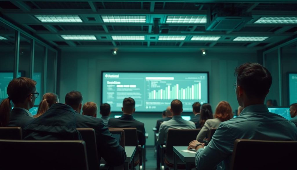 An office setting with a group of professionals in business attire, seated at desks and intently listening to a presentation on a large screen. The lighting is soft and ambient, with a subtle green hue cast across the scene. The perspective is slightly elevated, providing a panoramic view of the engaged audience. The details are sharp and vibrant, conveying a sense of futuristic technology and innovation. The overall atmosphere is one of focus, interest, and the anticipation of valuable insights. An office setting with a group of professionals in business attire, seated at desks and intently listening to a presentation on a large screen. The lighting is soft and ambient, with a subtle green hue cast across the scene. The perspective is slightly elevated, providing a panoramic view of the engaged audience. The details are sharp and vibrant, conveying a sense of futuristic technology and innovation. The overall atmosphere is one of focus, interest, and the anticipation of valuable insights.