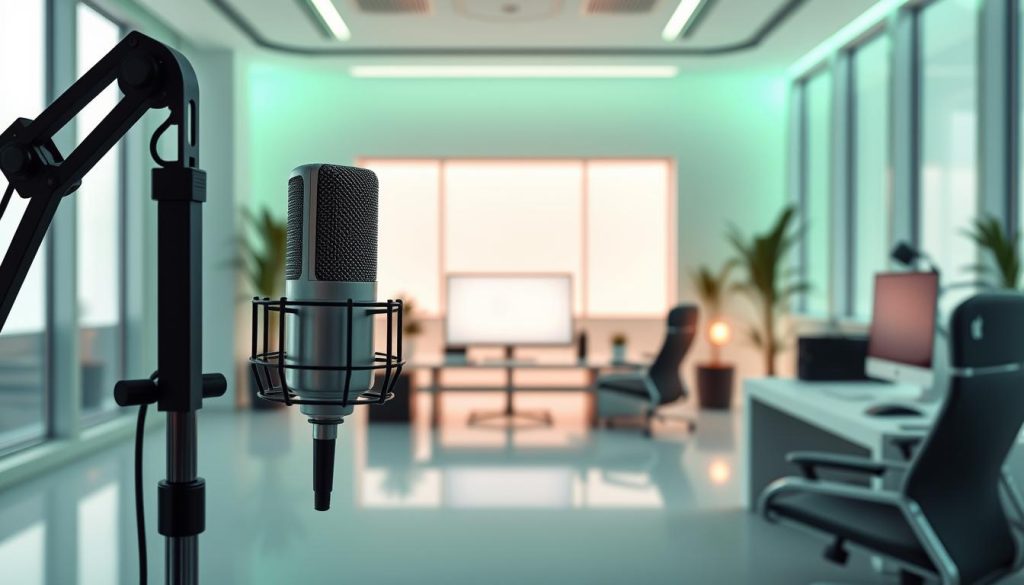 Elegant and futuristic office setting, bathed in a soft green hue. In the foreground, a professional-grade microphone and audio equipment, signifying the power of spoken content for lead generation. The middle ground features a desktop computer, a tablet, and other business tools, suggesting the digital integration of podcast appearances into lead capture. The background showcases a sleek, minimalist workspace with large windows, conveying a sense of innovation and forward-thinking. High-resolution, sharp imagery with a clean, uncluttered composition that captures the essence of leveraging audio content for B2B lead generation. Elegant and futuristic office setting, bathed in a soft green hue. In the foreground, a professional-grade microphone and audio equipment, signifying the power of spoken content for lead generation. The middle ground features a desktop computer, a tablet, and other business tools, suggesting the digital integration of podcast appearances into lead capture. The background showcases a sleek, minimalist workspace with large windows, conveying a sense of innovation and forward-thinking. High-resolution, sharp imagery with a clean, uncluttered composition that captures the essence of leveraging audio content for B2B lead generation.