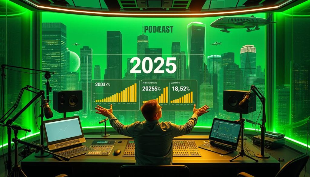 A bustling podcast studio set against a sleek, futuristic cityscape bathed in a vibrant green hue. In the foreground, a dynamic host gestures energetically, surrounded by state-of-the-art microphones and soundboards. The middle ground features a large, holographic display showcasing audience metrics, social engagement, and subscription growth projections for the year 2025. In the background, gleaming skyscrapers and levitating transportation modes create an atmosphere of innovation and technological advancement. The overall scene conveys a sense of momentum, energy, and the promise of a thriving podcast audience in the years to come. A bustling podcast studio set against a sleek, futuristic cityscape bathed in a vibrant green hue. In the foreground, a dynamic host gestures energetically, surrounded by state-of-the-art microphones and soundboards. The middle ground features a large, holographic display showcasing audience metrics, social engagement, and subscription growth projections for the year 2025. In the background, gleaming skyscrapers and levitating transportation modes create an atmosphere of innovation and technological advancement. The overall scene conveys a sense of momentum, energy, and the promise of a thriving podcast audience in the years to come.