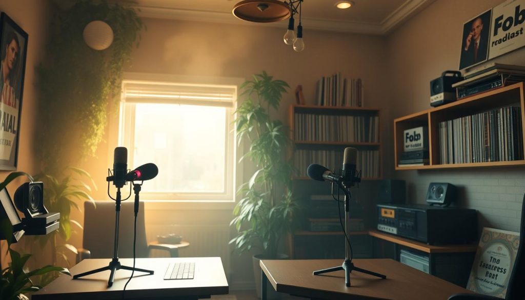 A cozy recording studio with muted tones and lush greenery. Microphones stand tall on sleek, minimalist desks, their LED lights pulsing gently. Overhead, a warm, diffused lighting creates a hazy, contemplative atmosphere. Shelves filled with vintage audio equipment and carefully curated vinyl records line the walls, hinting at the deep, niche passions of the podcast hosts. The scene exudes a sense of focus, dedication, and a desire to cultivate an intimate, engaged community around a specialized topic. A futuristic, low-poly overlay adds a touch of modernism to the timeless studio setting.