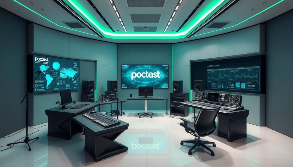 A sleek, minimalist studio space with advanced audio equipment and next-generation podcast recording interfaces arrayed in a dynamic, asymmetrical layout. Holographic displays showcase various podcast platforms and content, pulsing with data visualization. Smooth, reflective surfaces and ambient green lighting evoke a futuristic, cutting-edge atmosphere. The scene captures the evolution of podcast technology, transitioning from traditional desktop setups to a harmonious integration of digital and physical elements, poised to engage a new generation of listeners.