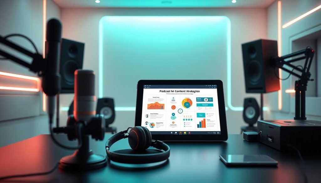 A well-lit studio space, with a sleek desk and modern equipment. In the foreground, a professional microphone and a high-quality pair of headphones. The middle ground features a tablet or laptop displaying a visually engaging presentation on podcast content strategies, with colorful diagrams and infographics. The background showcases a futuristic, minimalist setting with clean lines and a subtle green hue, conveying a sense of innovation and progress. The overall atmosphere is one of productivity, creativity, and technological advancement, reflecting the challenges and solutions faced by podcast hosts in the year 2025. A well-lit studio space, with a sleek desk and modern equipment. In the foreground, a professional microphone and a high-quality pair of headphones. The middle ground features a tablet or laptop displaying a visually engaging presentation on podcast content strategies, with colorful diagrams and infographics. The background showcases a futuristic, minimalist setting with clean lines and a subtle green hue, conveying a sense of innovation and progress. The overall atmosphere is one of productivity, creativity, and technological advancement, reflecting the challenges and solutions faced by podcast hosts in the year 2025.