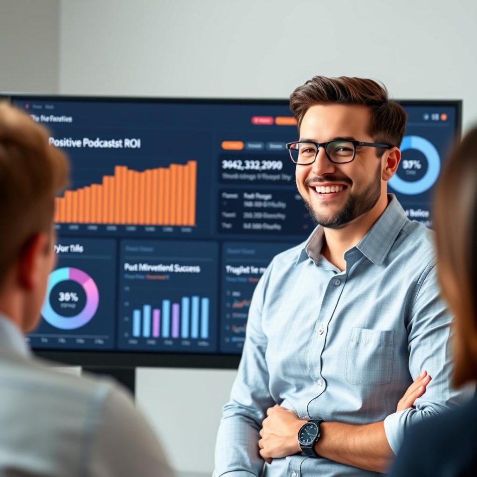 Agency marketing director smiling with podcast metrics dashboard