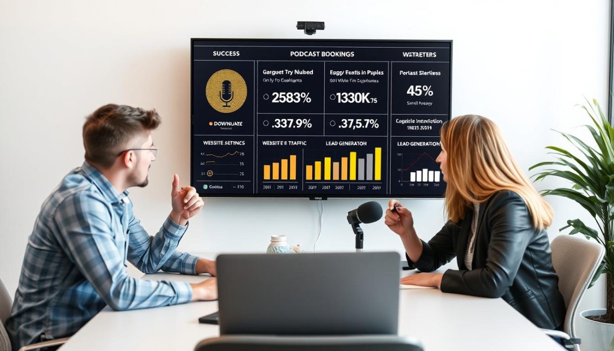 Marketing agency team implementing podcast guest booking for clients